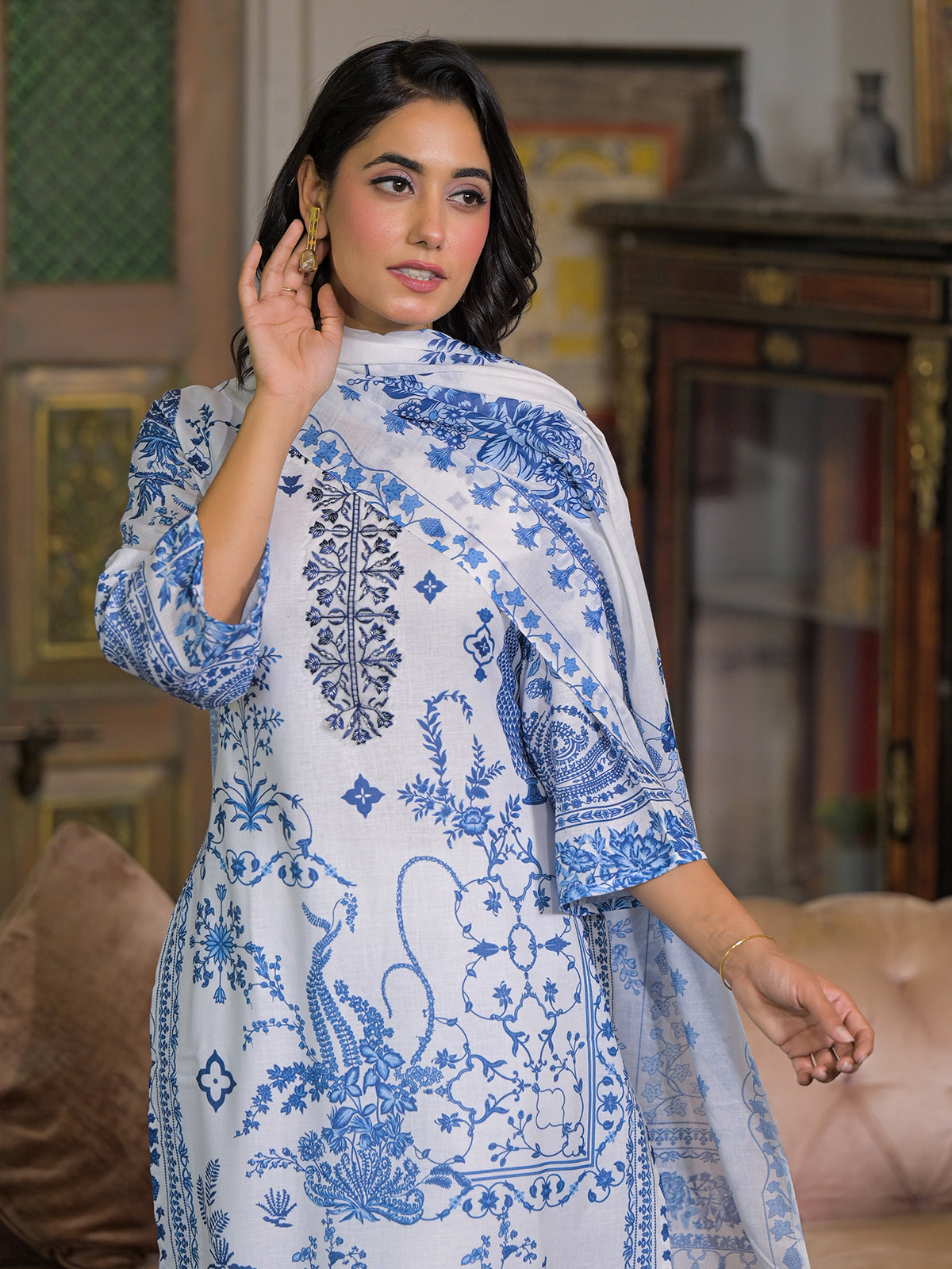White cotton linen floral printed kurti set with dupatta