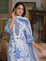 White cotton linen floral printed kurti set with dupatta