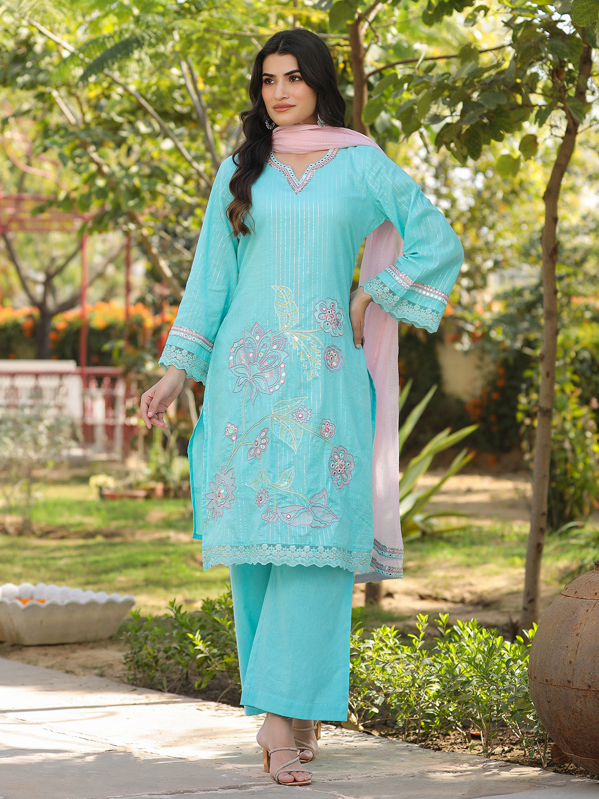 Aqua blue cotton silk pakistani style festive palazzo set