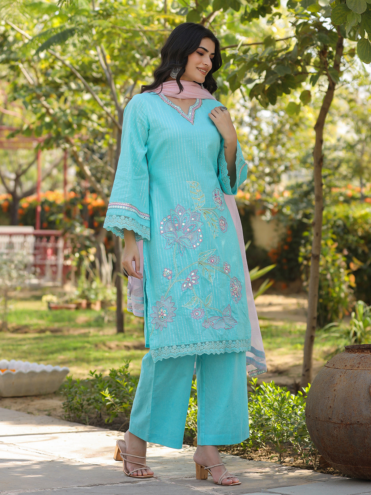 Aqua blue cotton silk pakistani style festive palazzo set