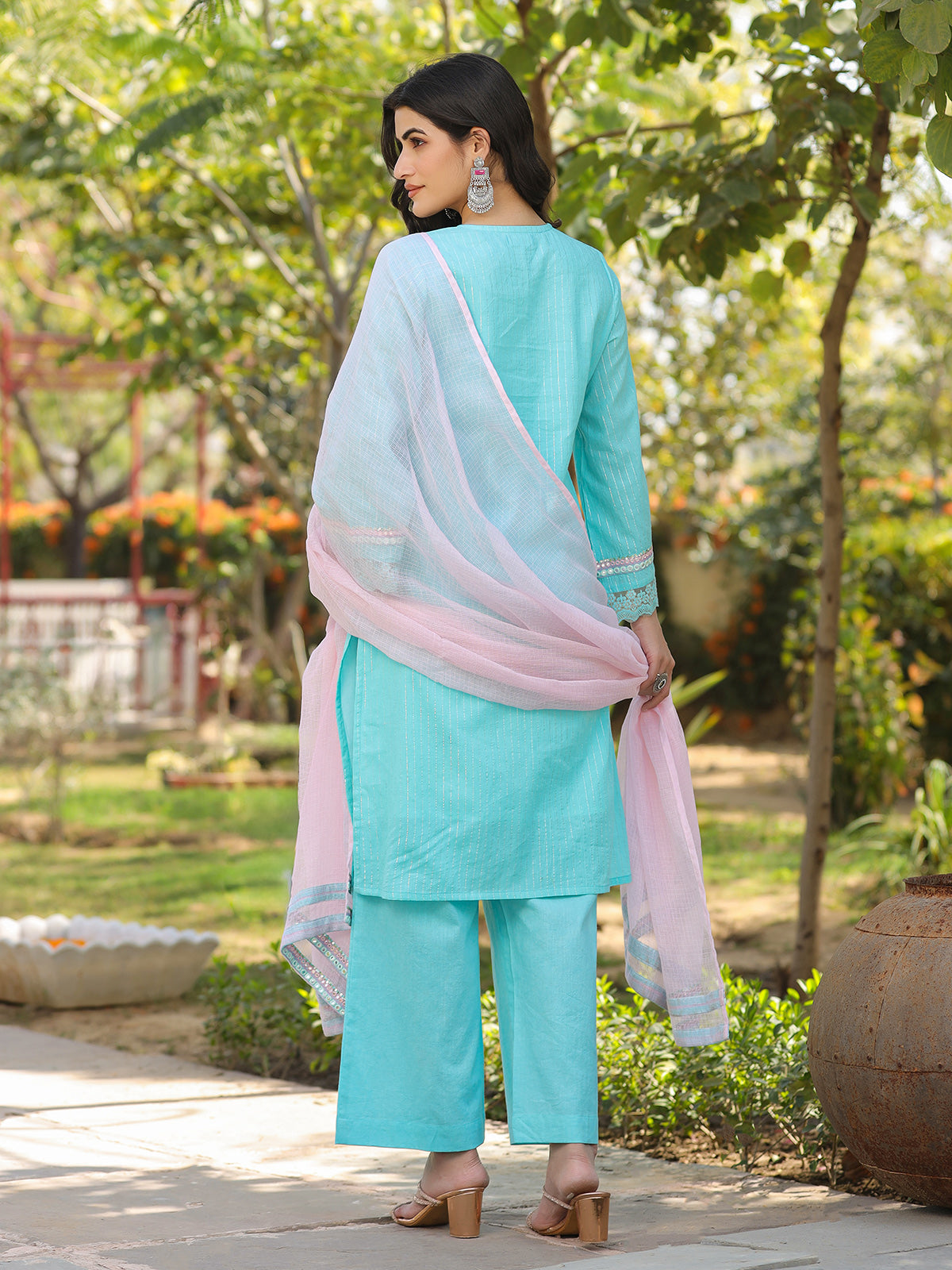 Aqua blue cotton silk pakistani style festive palazzo set