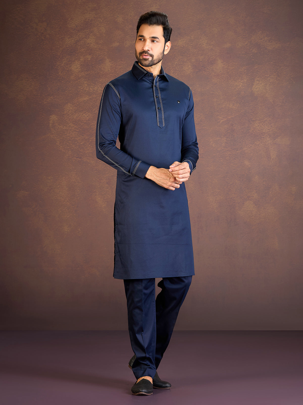 Navy satin cotton lycra pathani suit for fetival