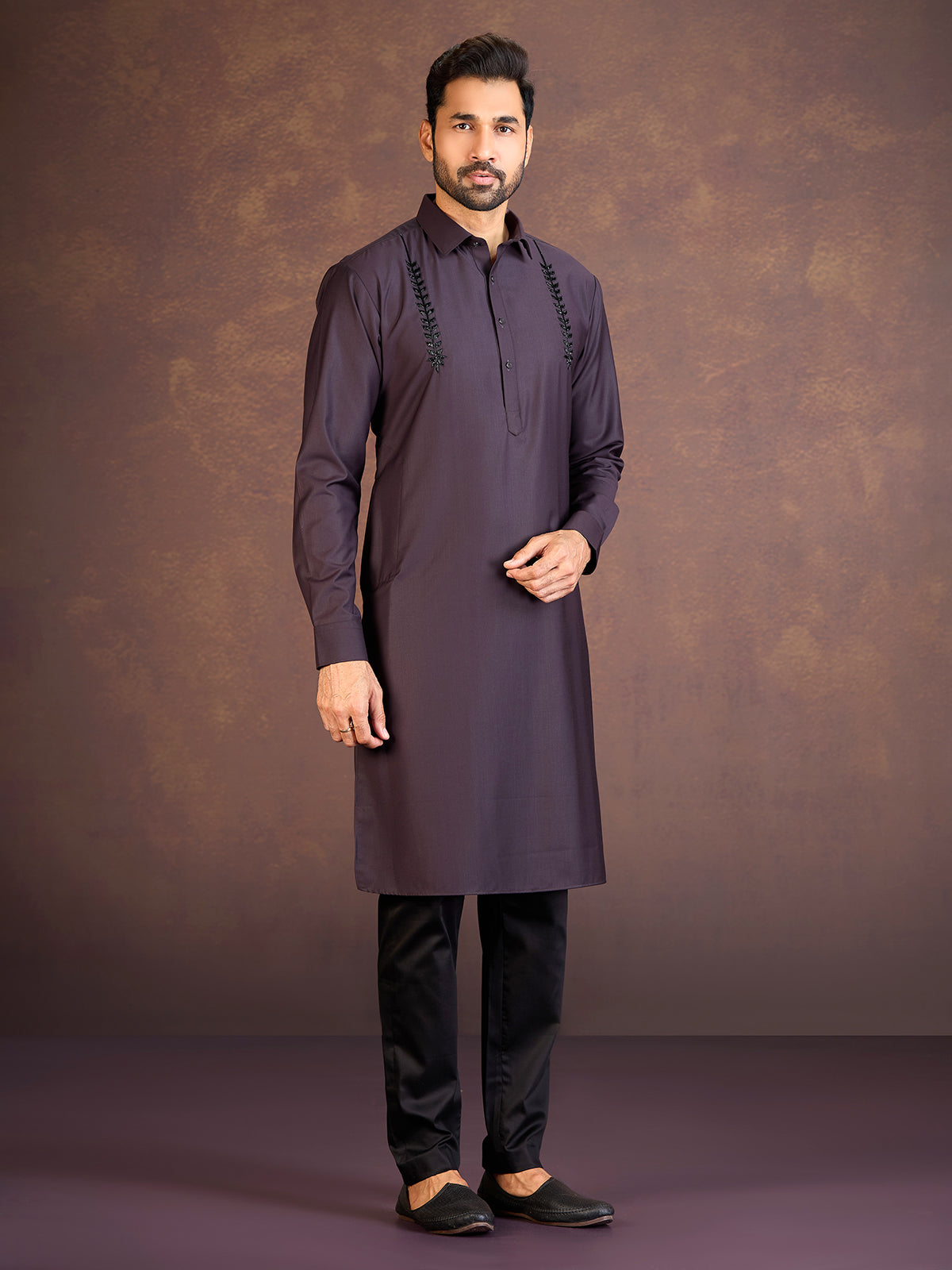 Wine plain satin cotton lycra pathani suit