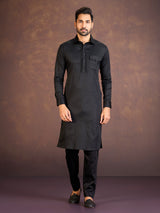 Black satin cotton lycra pathani suit with one chest pocket