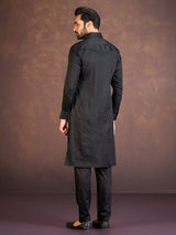 Black satin cotton lycra pathani suit with one chest pocket