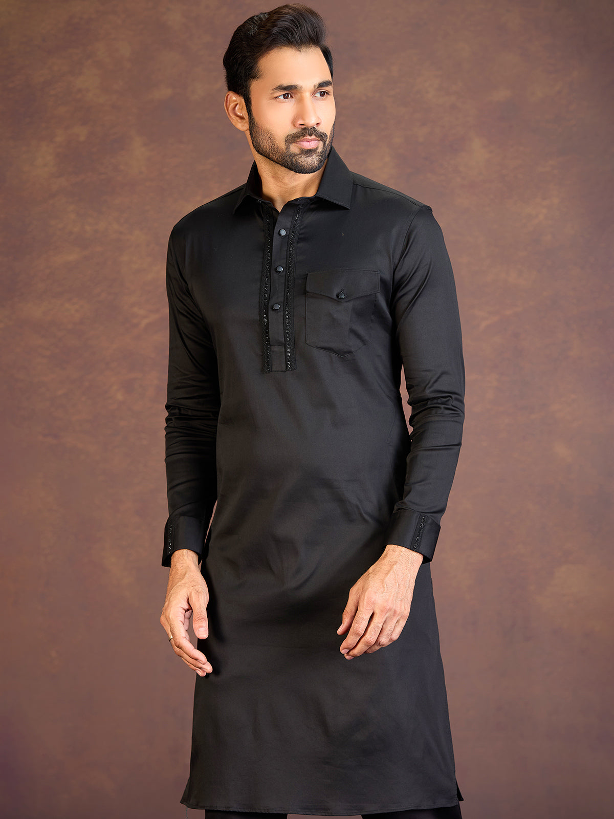 Black satin cotton lycra pathani suit with one chest pocket