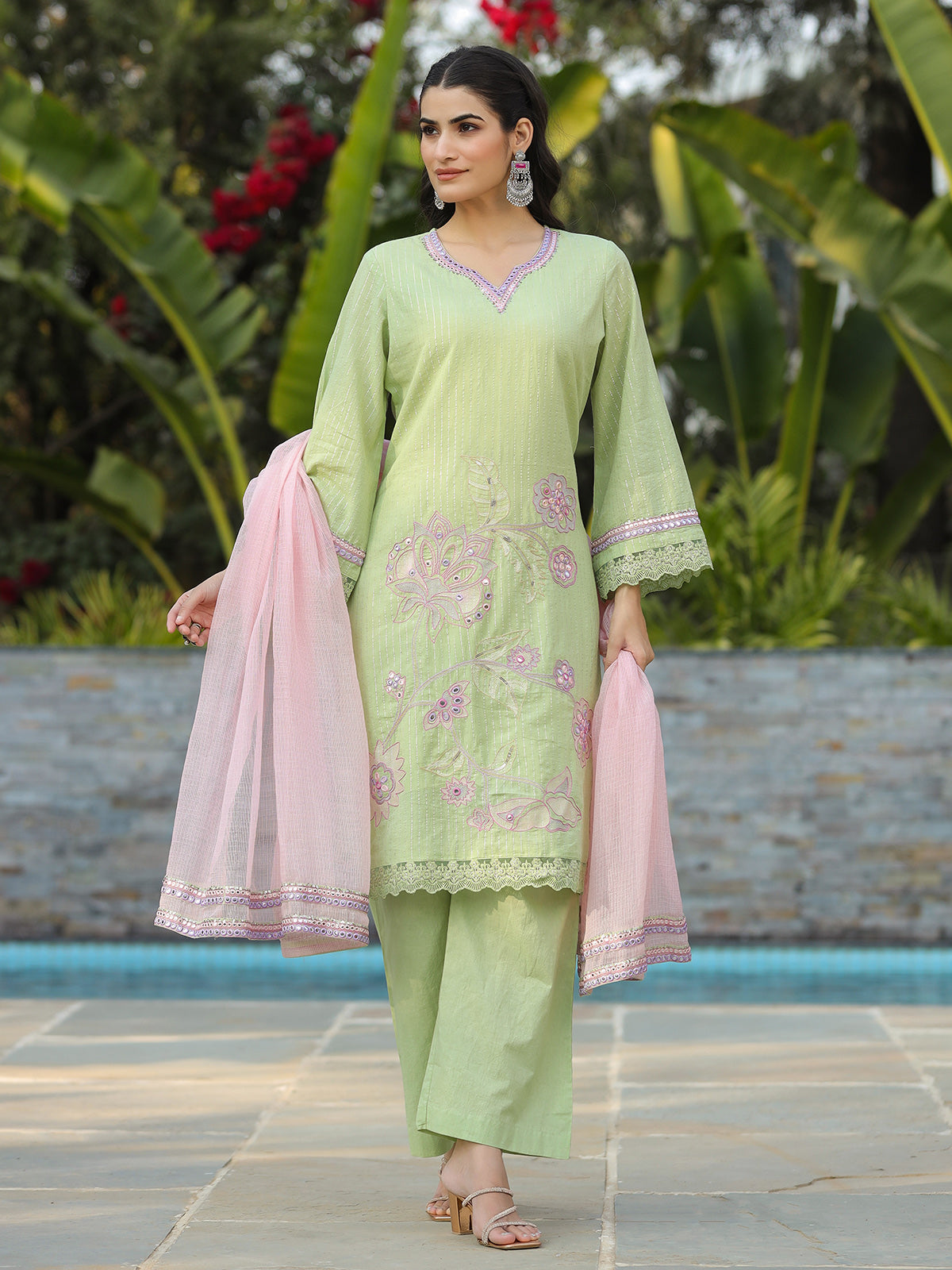 Pista green cotton silk pakistani style festive palazzo set