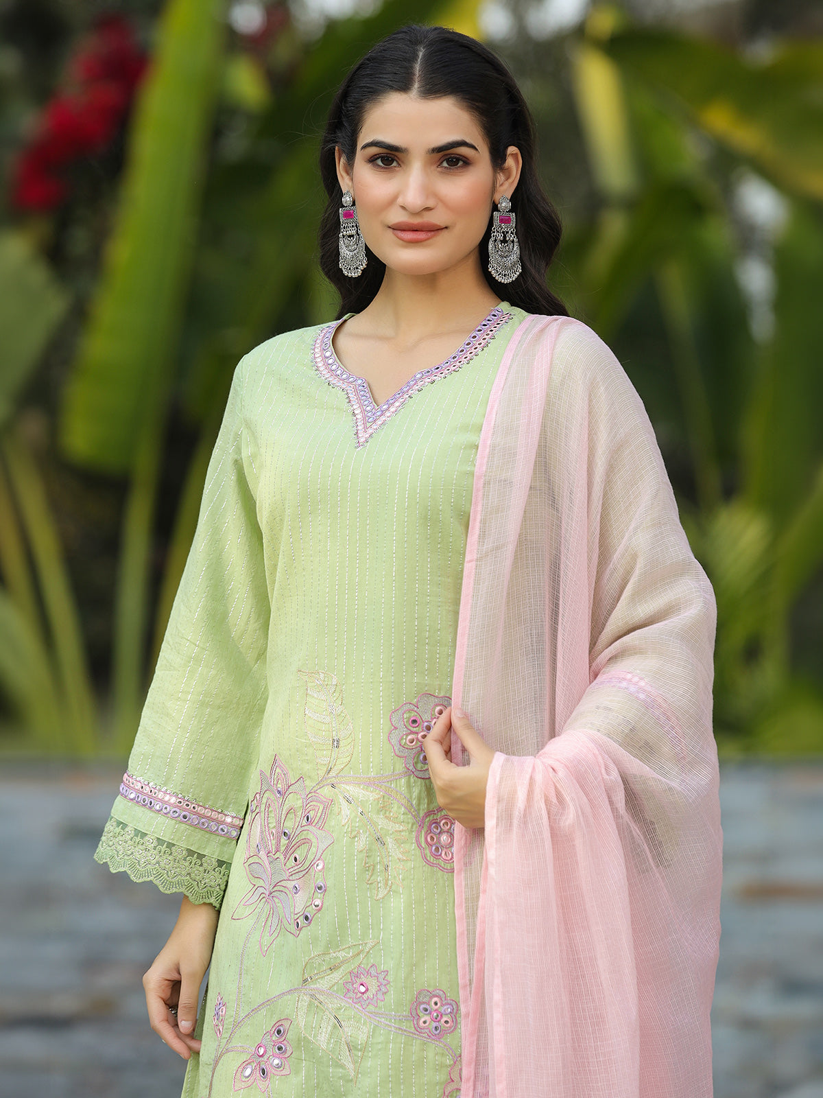 Pista green cotton silk pakistani style festive palazzo set