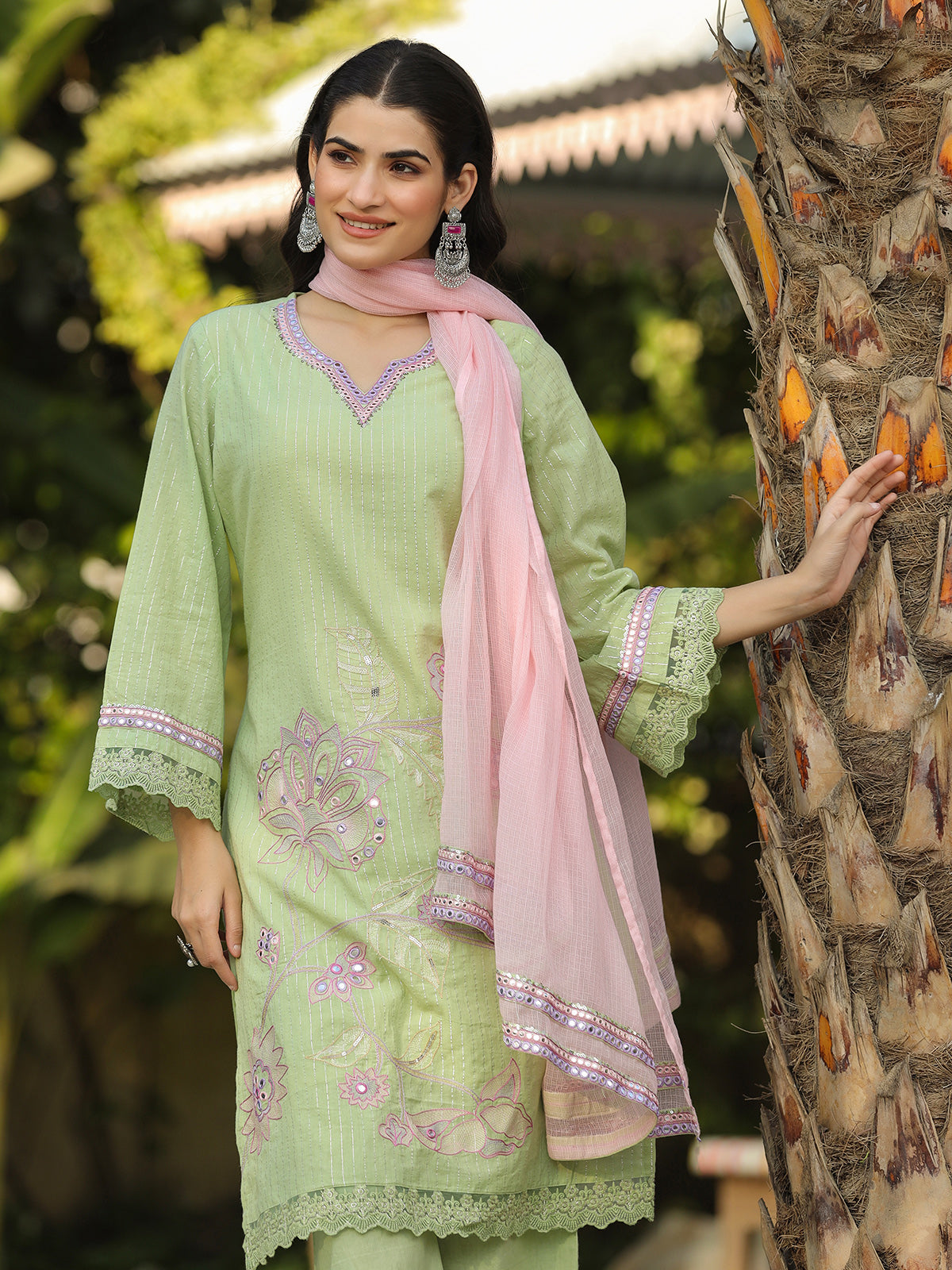 Pista green cotton silk pakistani style festive palazzo set