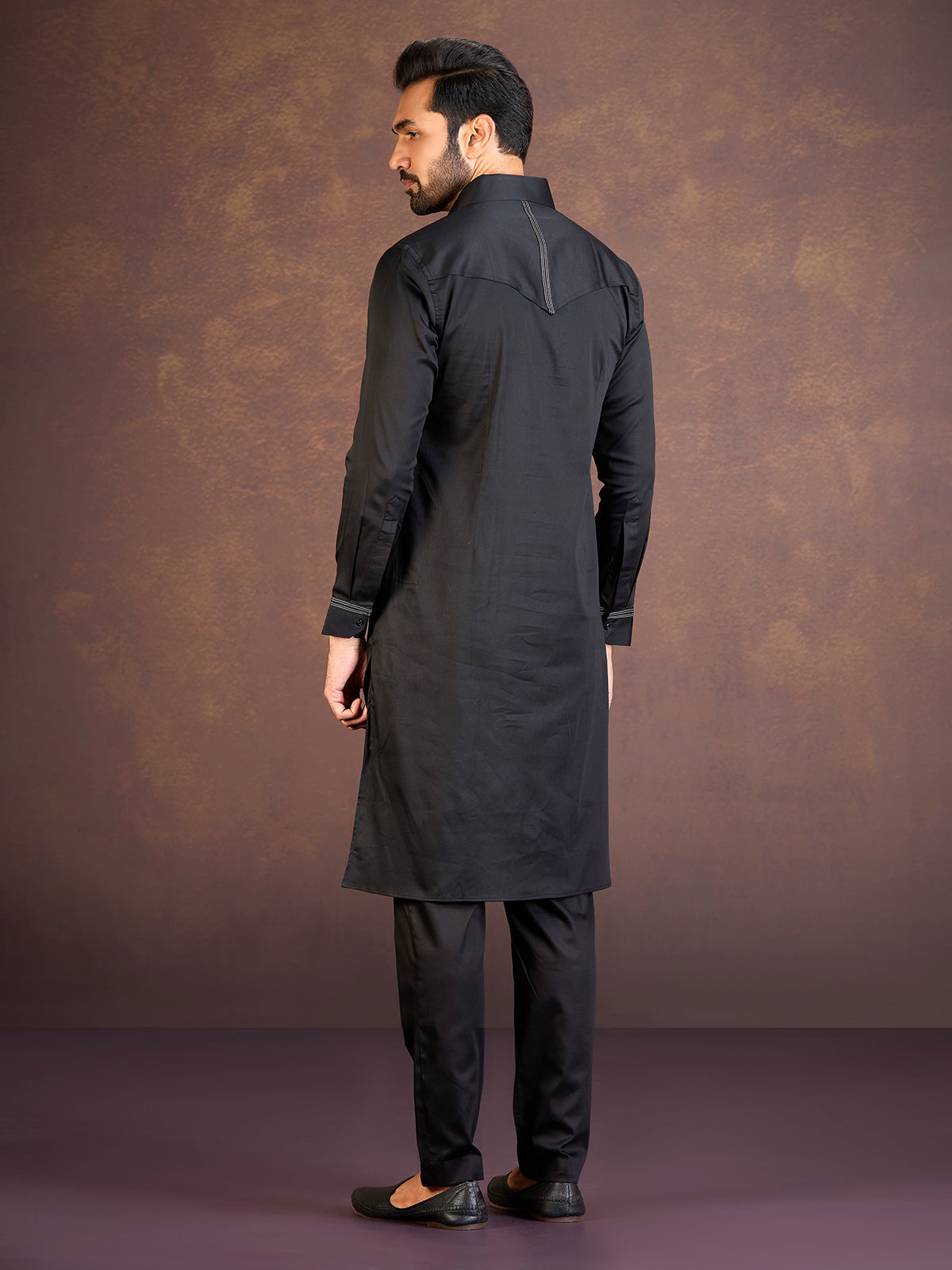 Black satin cotton lycra pathani suit for men