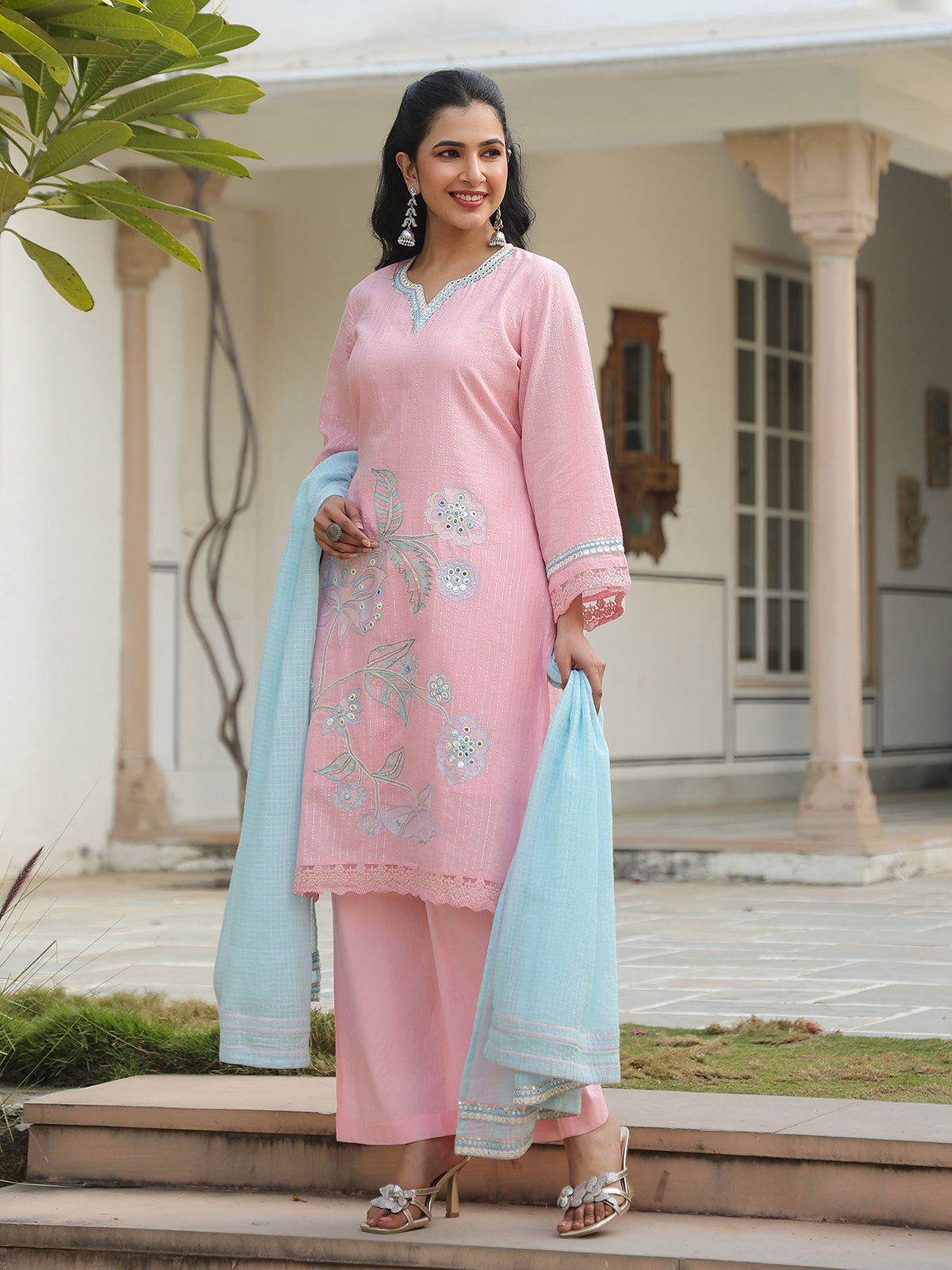 Pink cotton silk pakistani style festive palazzo set