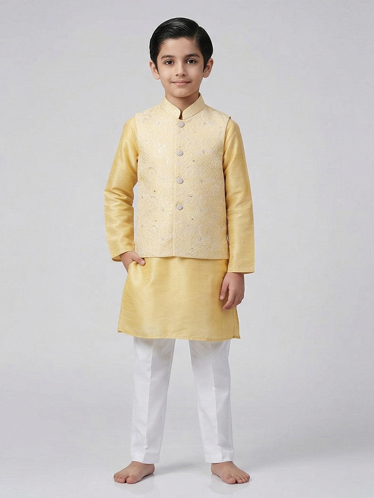 Yellow silk embroidered festive waistcoat set