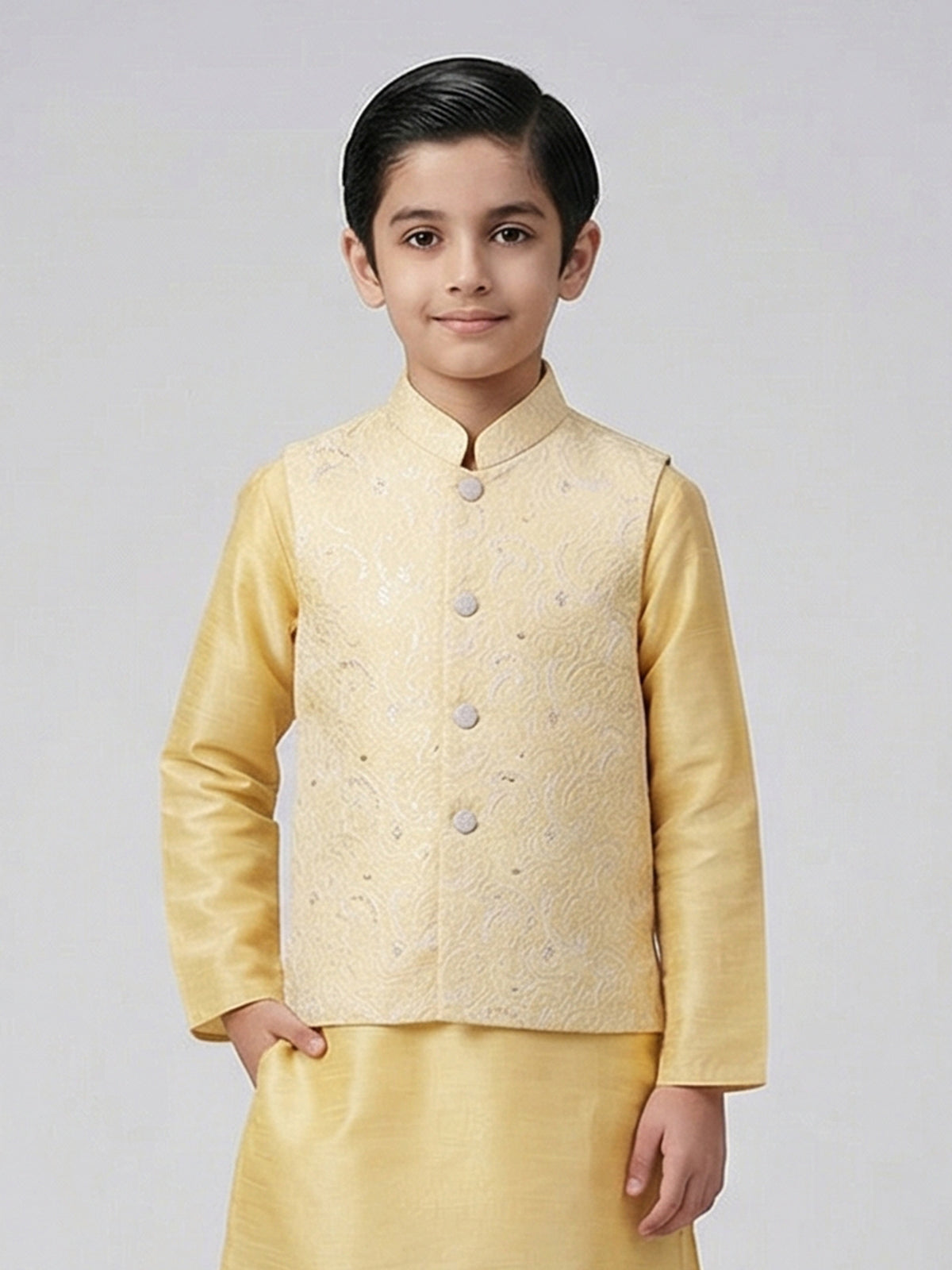 Yellow silk embroidered festive waistcoat set