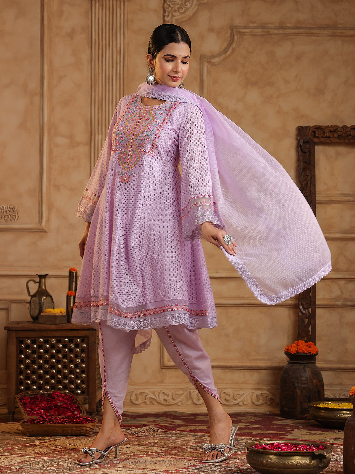 Lilac purple festive schiffli net dhoti set with dupatta
