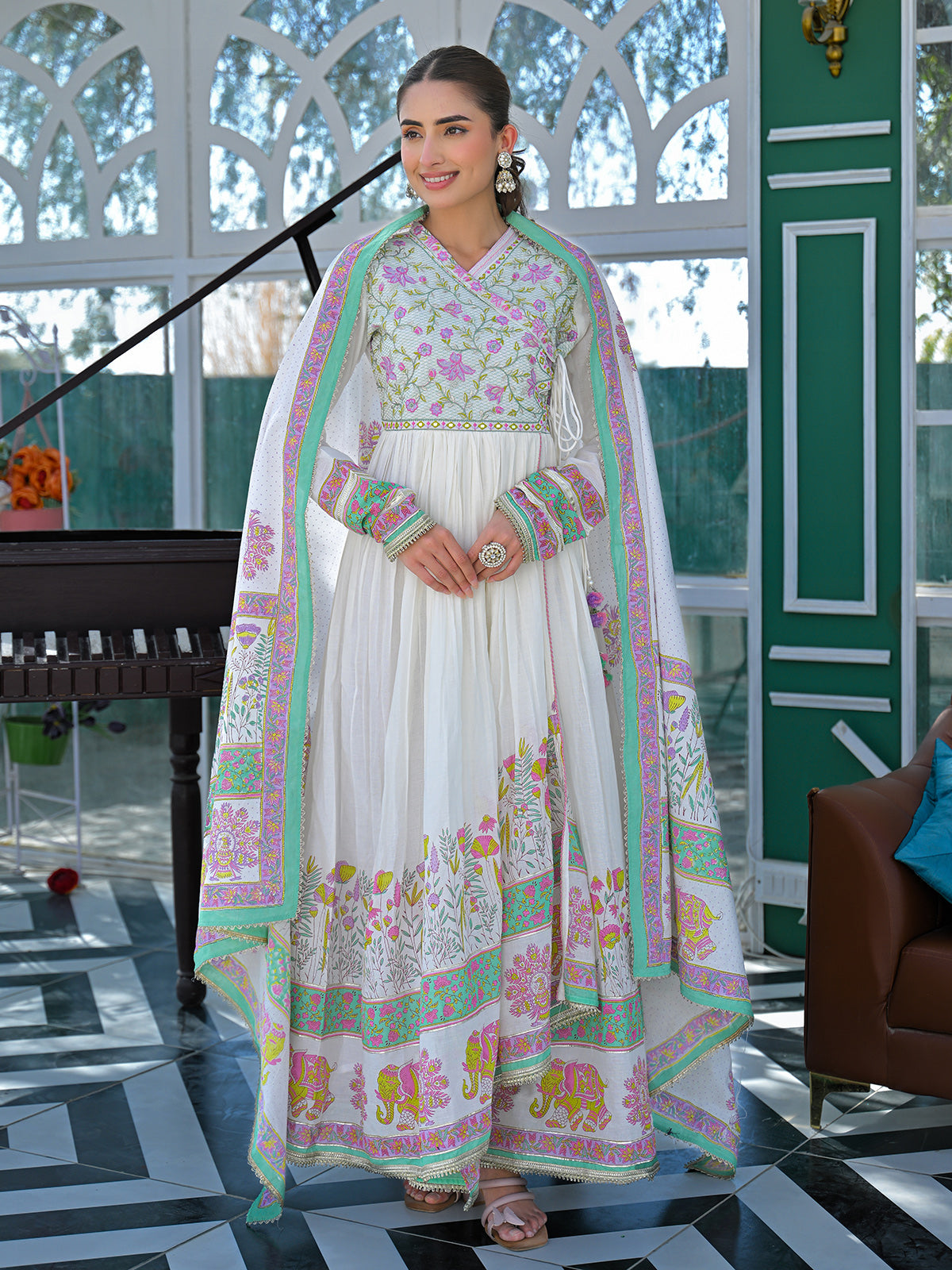 White cotton linen printed anarkali festive set with dupatta