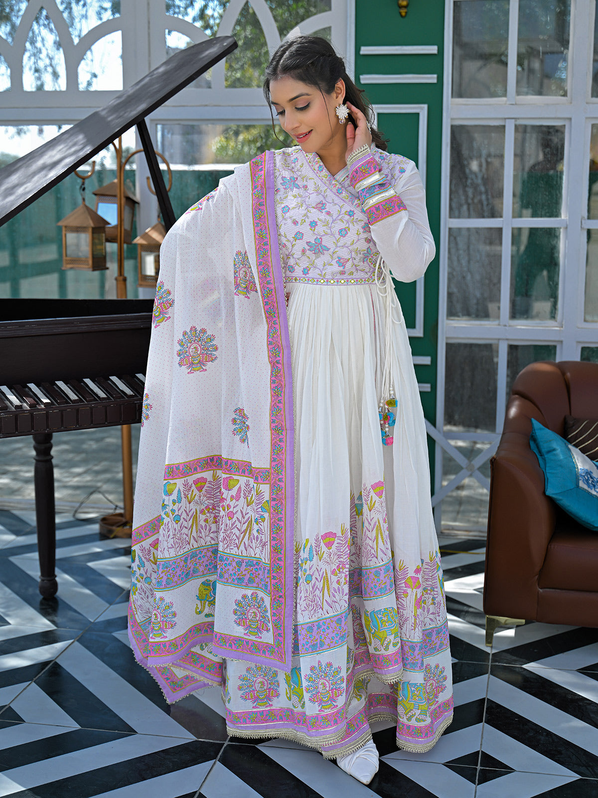 White and purple cotton linen printed anarkali festive set