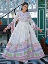 White and purple cotton linen printed anarkali festive set