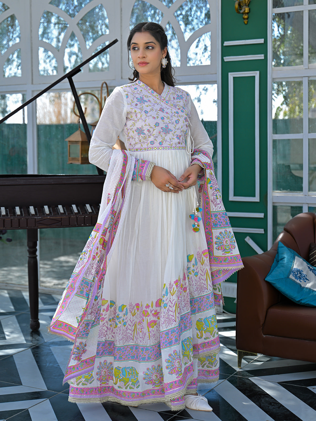 White and purple cotton linen printed anarkali festive set