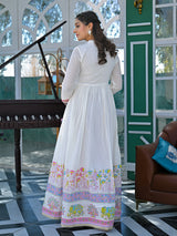 White and purple cotton linen printed anarkali festive set