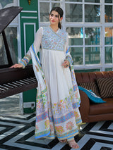 White and blue cotton linen printed anarkali festive set
