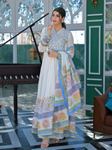 White and blue cotton linen printed anarkali festive set