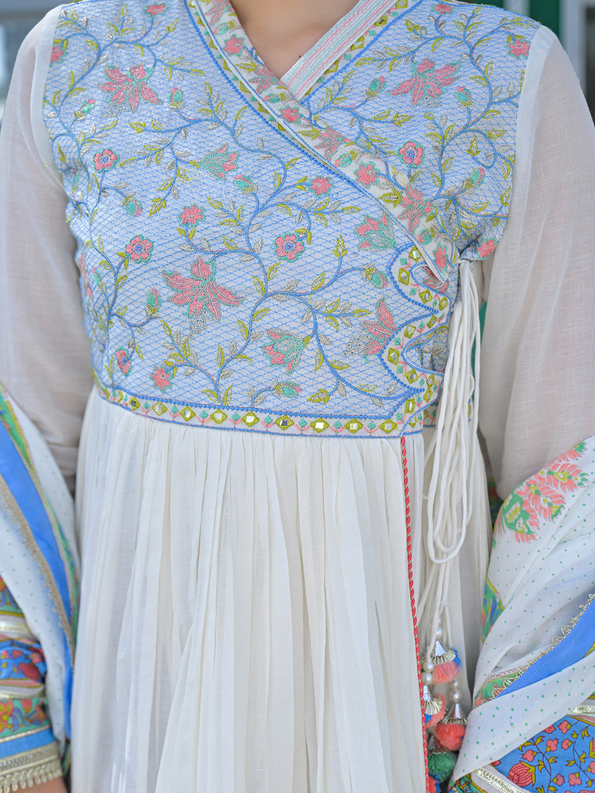 White and blue cotton linen printed anarkali festive set