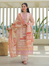 Beige silk printed festive palazzo set with dupatta