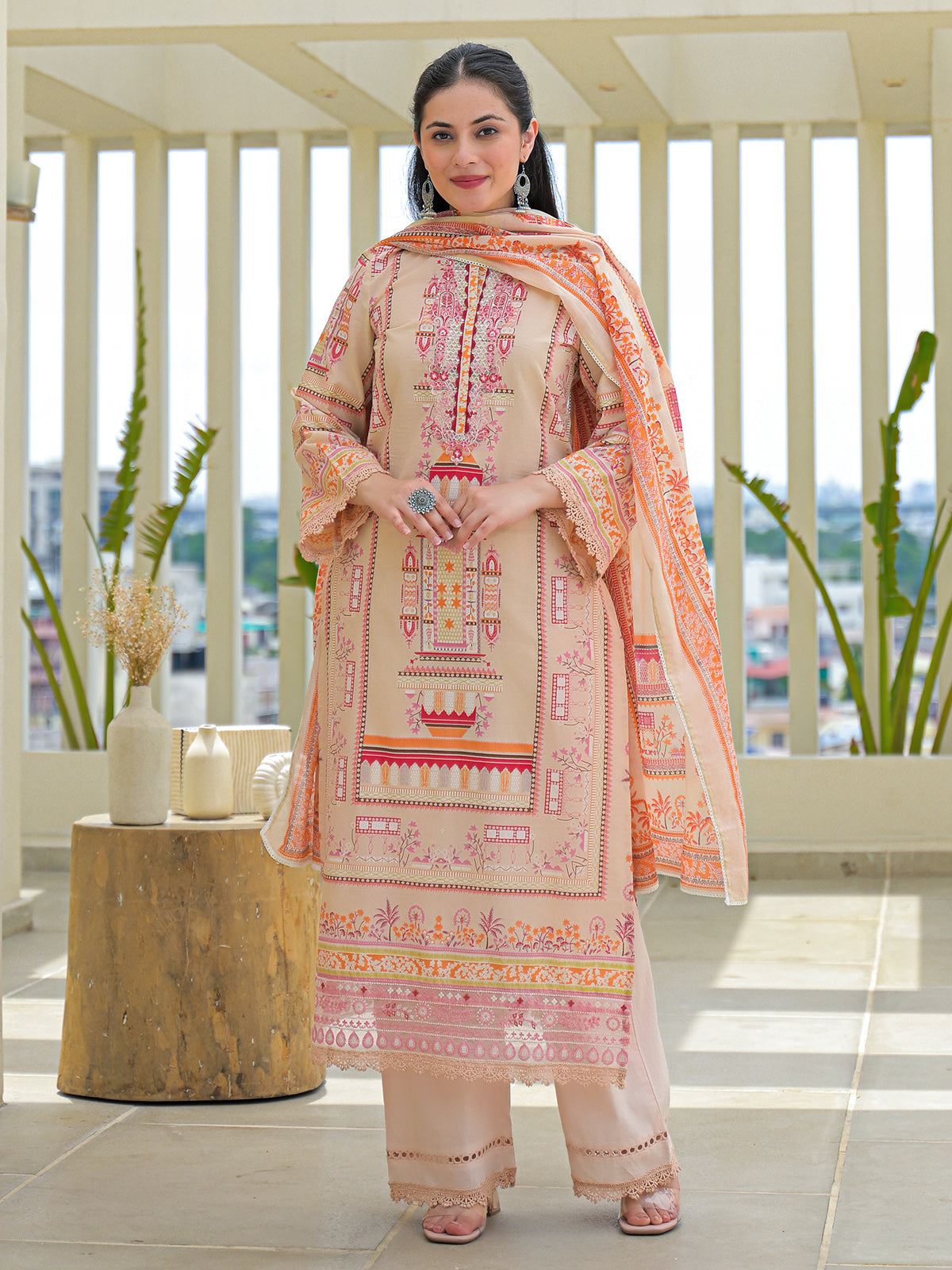 Beige silk printed festive palazzo set with dupatta