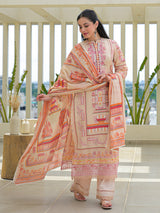 Beige silk printed festive palazzo set with dupatta