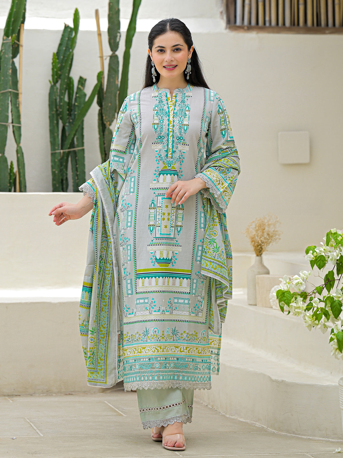 Light grey silk printed festive palazzo set with dupatta