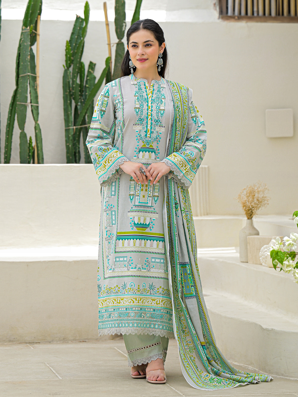 Light grey silk printed festive palazzo set with dupatta