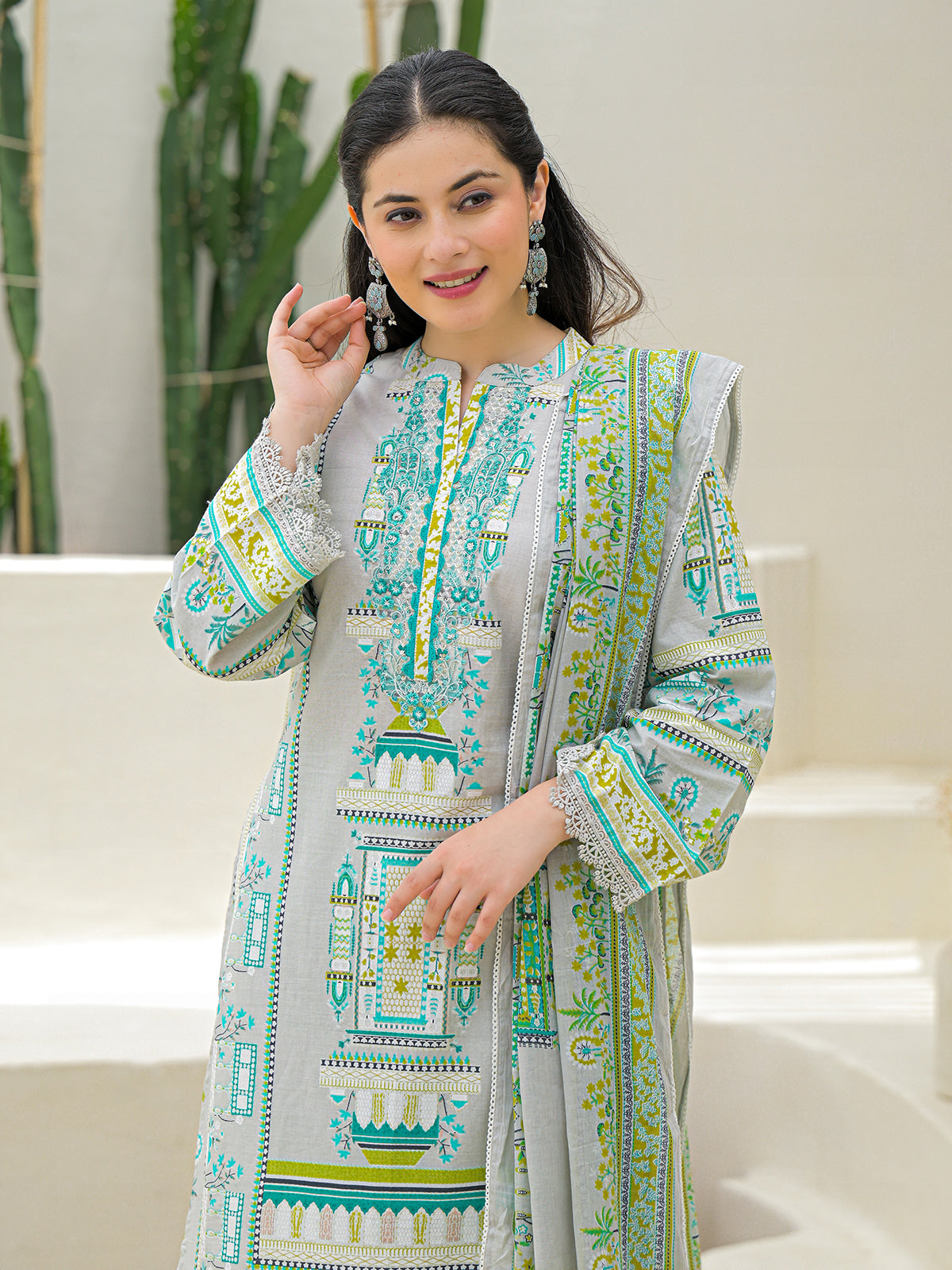 Light grey silk printed festive palazzo set with dupatta