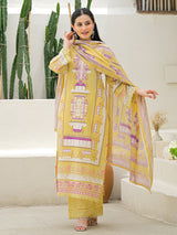 Mustard yellow silk printed festive palazzo set with dupatta