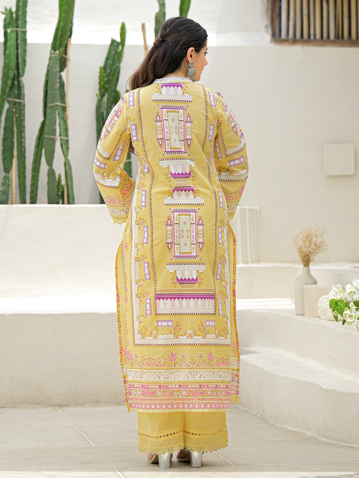 Mustard yellow silk printed festive palazzo set with dupatta