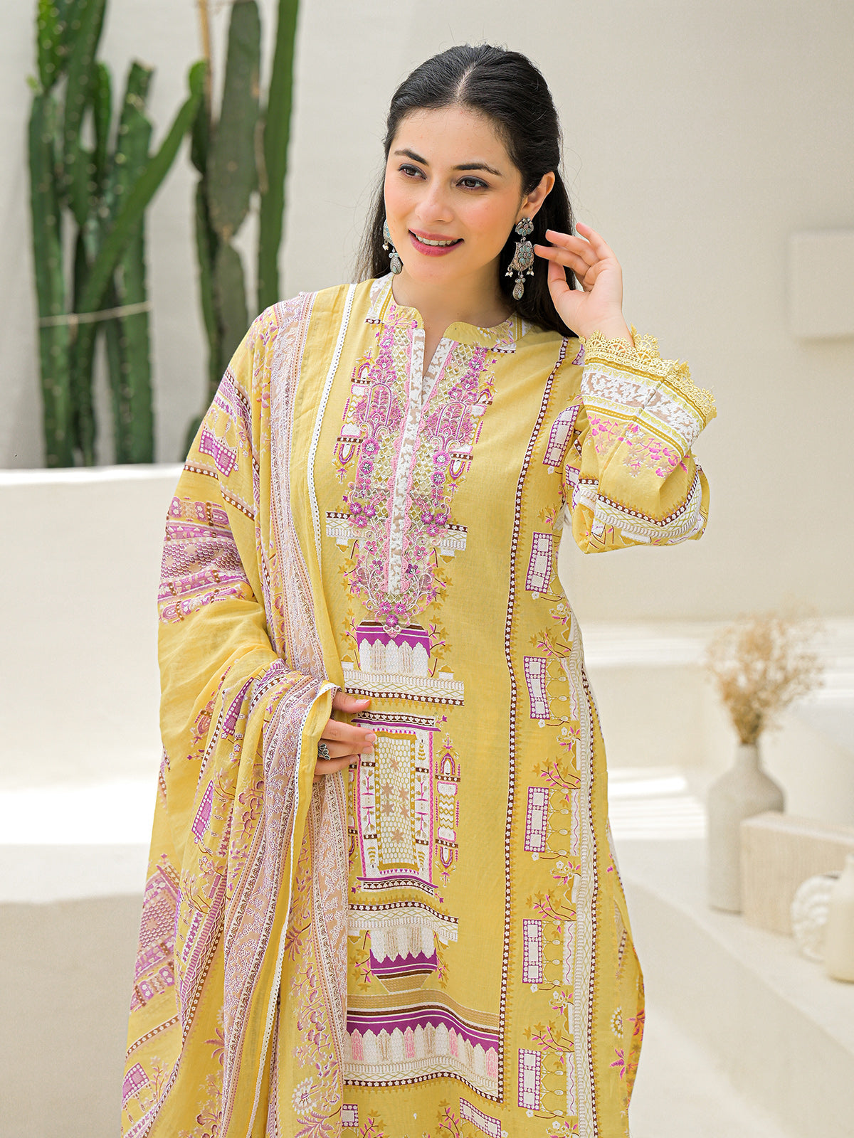 Mustard yellow silk printed festive palazzo set with dupatta