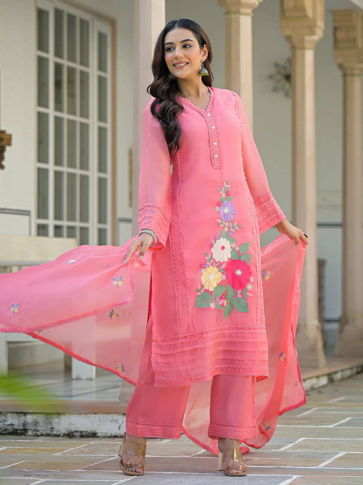 Pink tissue silk festive palazzo set with dupatta