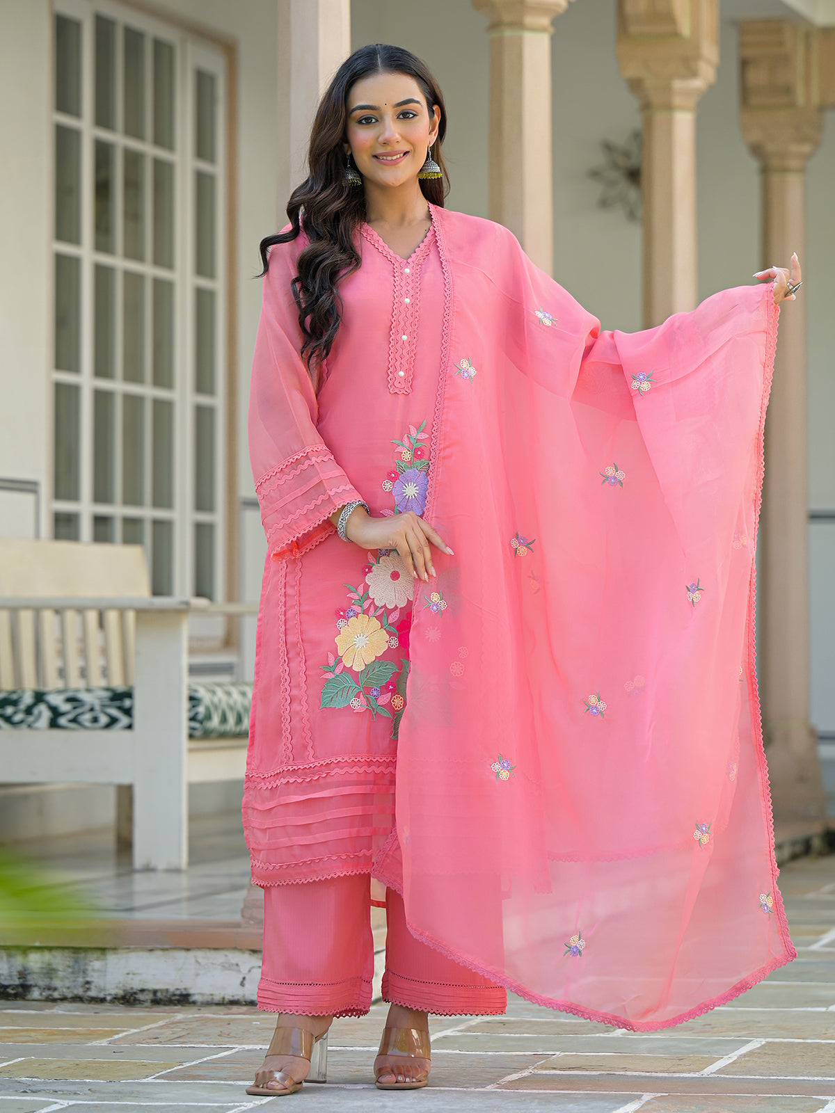 Pink tissue silk festive palazzo set with dupatta