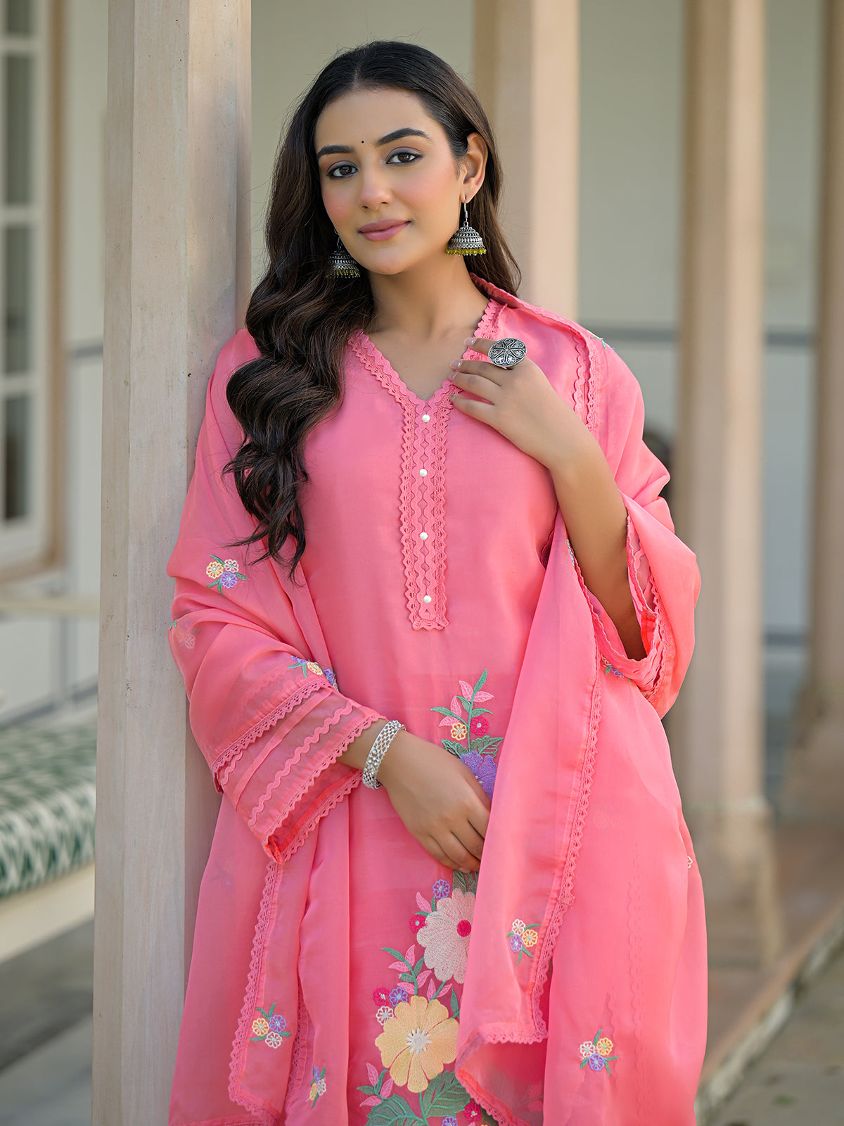 Pink tissue silk festive palazzo set with dupatta