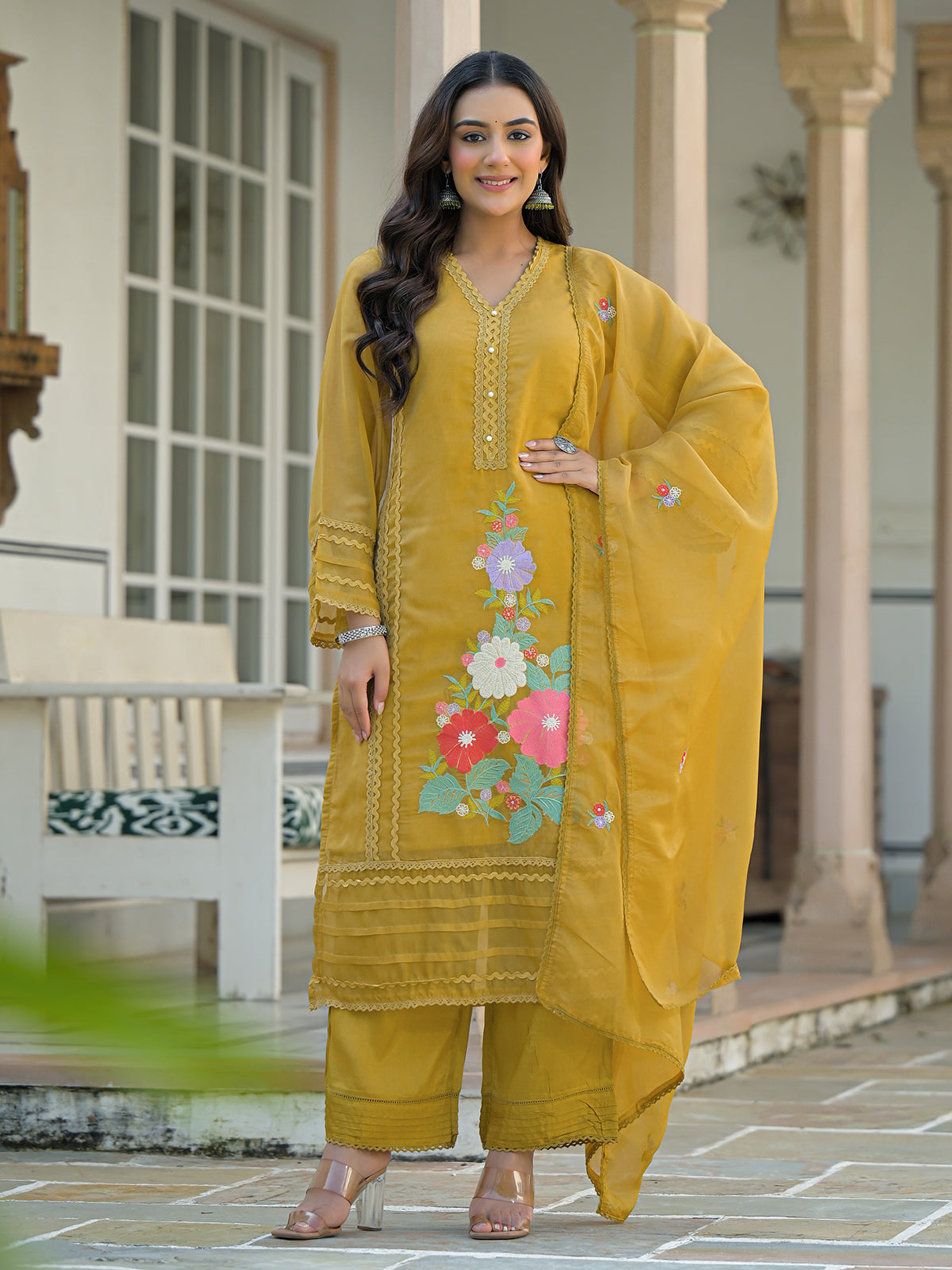 Mehendi olive tissue silk festive palazzo set with dupatta