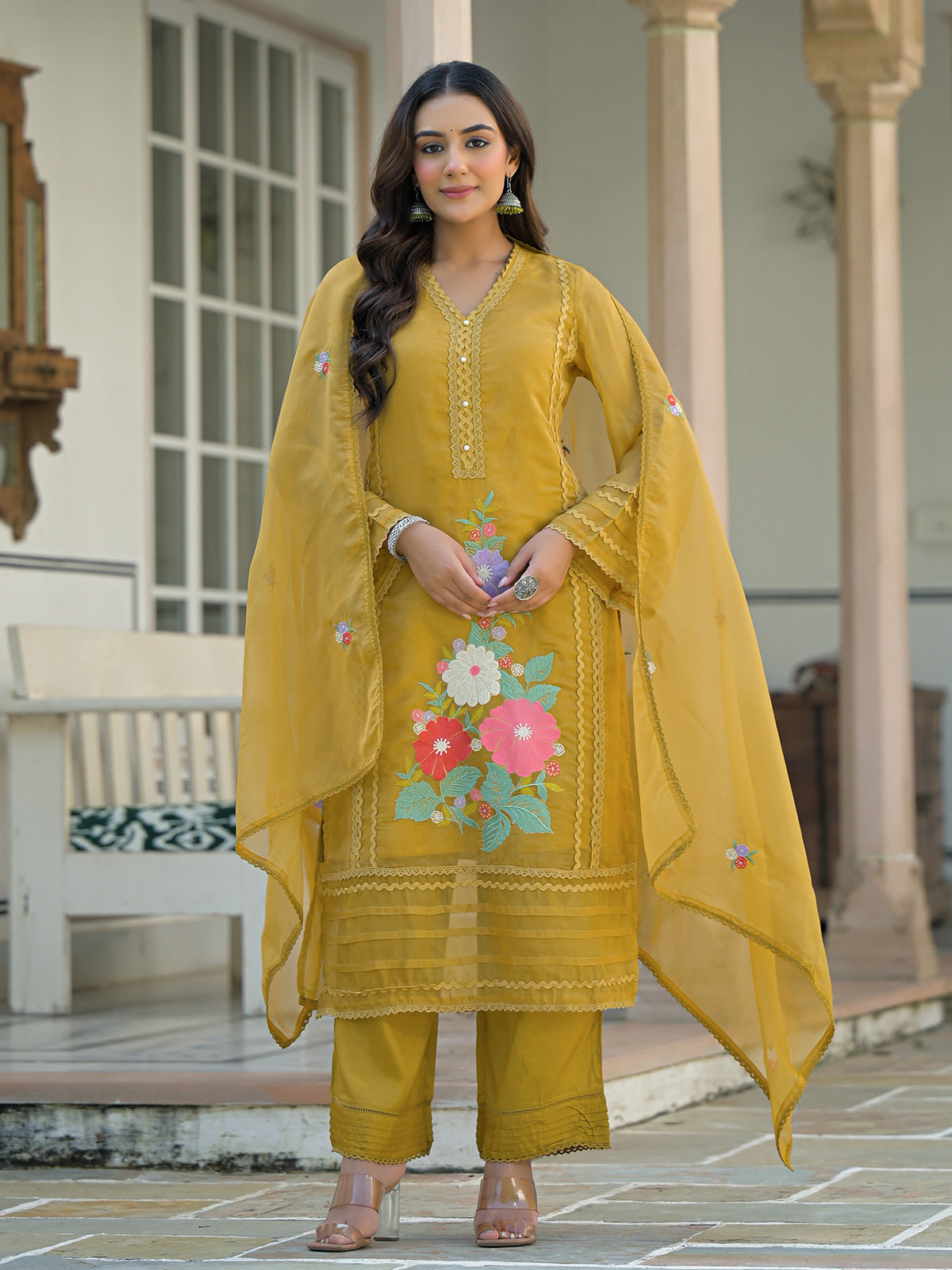 Mehendi olive tissue silk festive palazzo set with dupatta