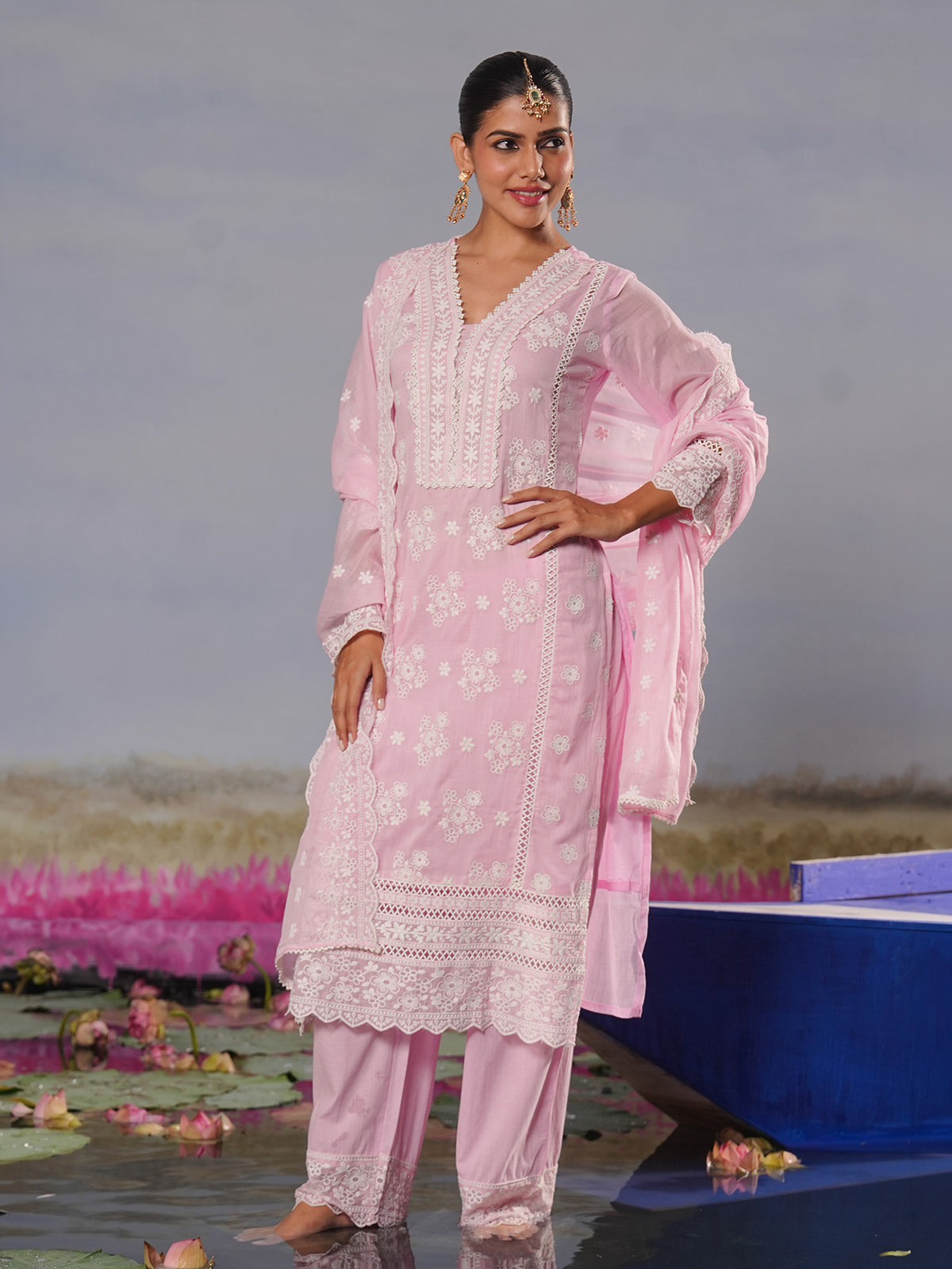 Baby pink modal silk chikankari embroidered festive kurti set