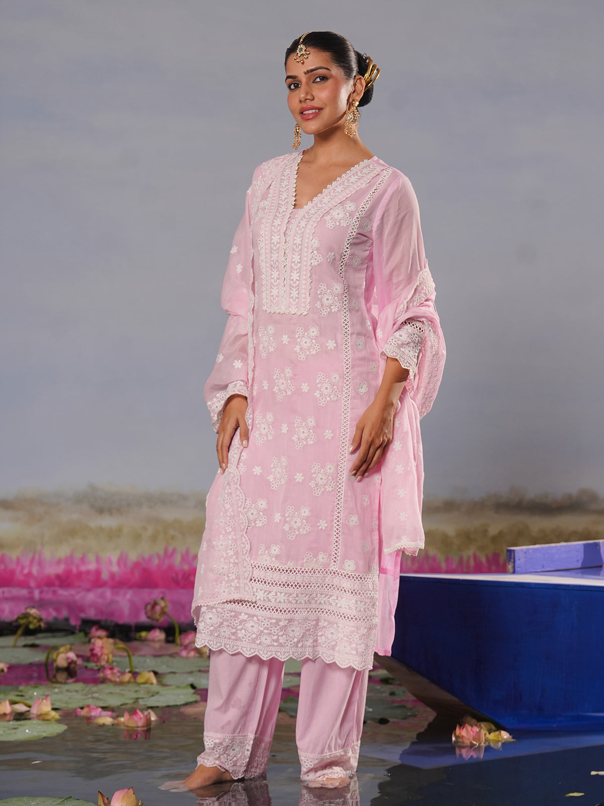 Baby pink modal silk chikankari embroidered festive kurti set