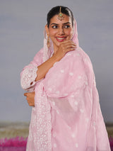 Baby pink modal silk chikankari embroidered festive kurti set