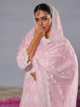 Baby pink modal silk chikankari embroidered festive kurti set
