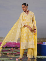 Mustard yellow modal silk chikankari haldi kurti palazzo set