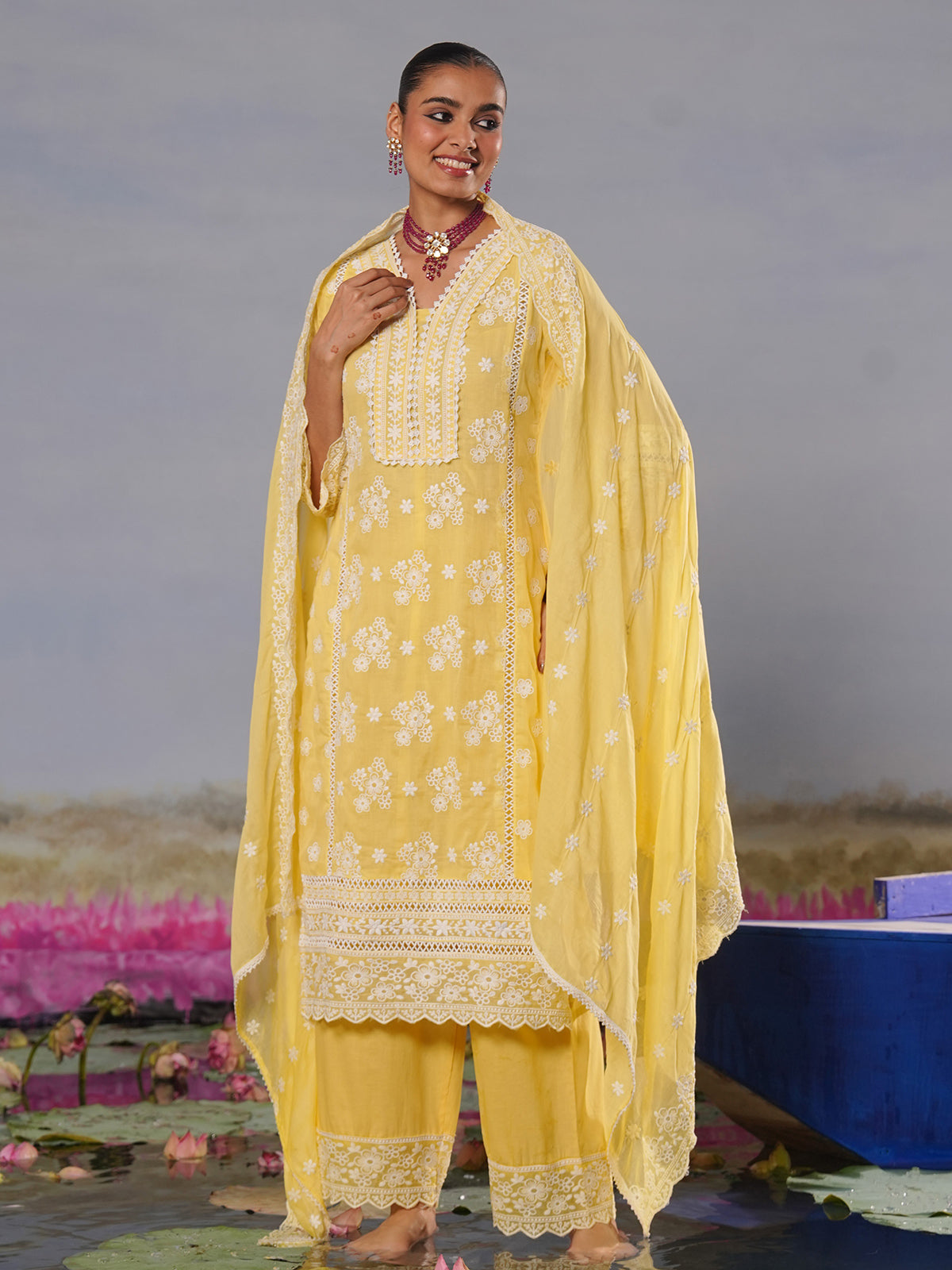 Mustard yellow modal silk chikankari haldi kurti palazzo set