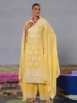 Mustard yellow modal silk chikankari haldi kurti palazzo set