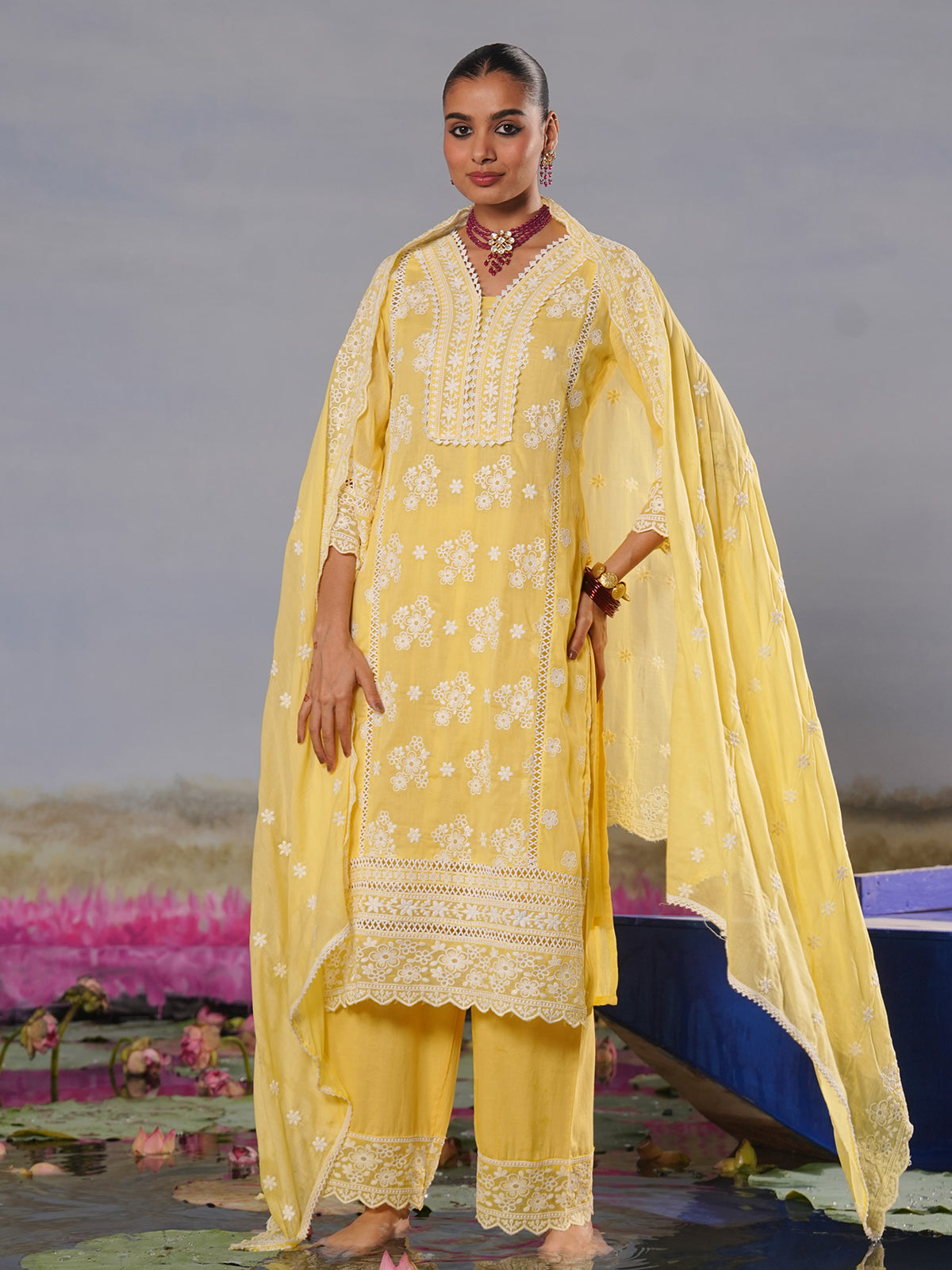 Mustard yellow modal silk chikankari haldi kurti palazzo set