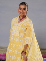 Mustard yellow modal silk chikankari haldi kurti palazzo set