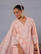 Peach modal silk chikankari embroidered festive kurti set
